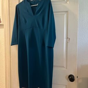 Calvin Klein Teal V-Neck Sheath Dress - Long Sleeve